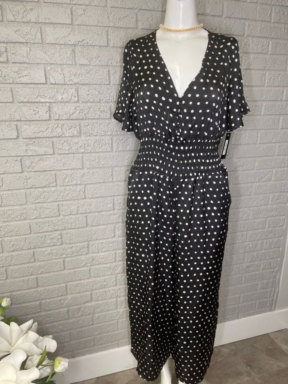 Lapis Women's size M Jumpsuit Black & White Polka Dot Wide Leg